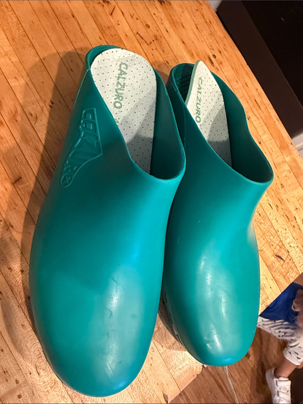 Calzuro Teal Slip-On Mules made in Italy worn inside only unisex sz46